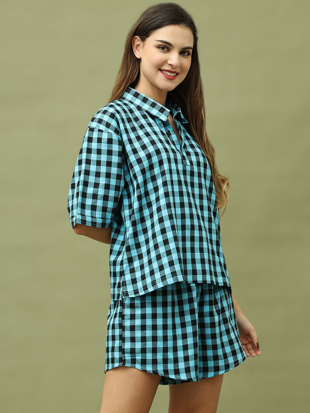 Blue Black Checks Top and Shorts Set