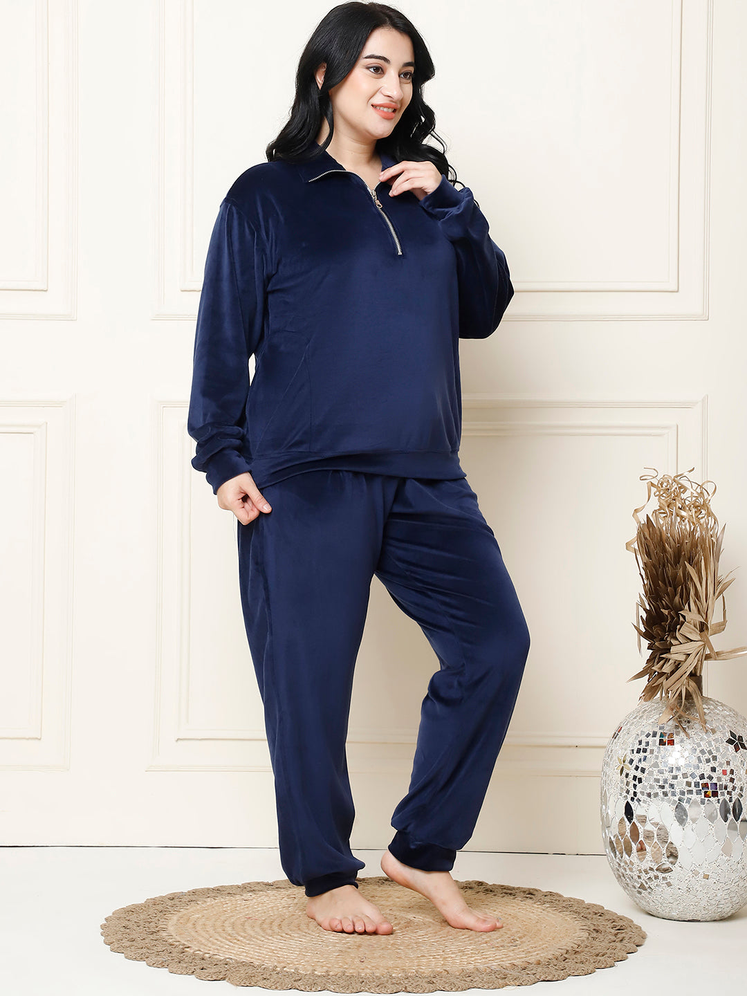 Navy Blue Velvet Zip Lounge Set