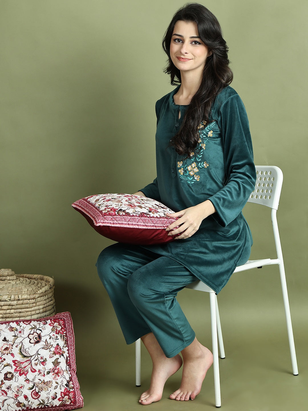 Bottle Green Embroidery Velvet Lounge Set