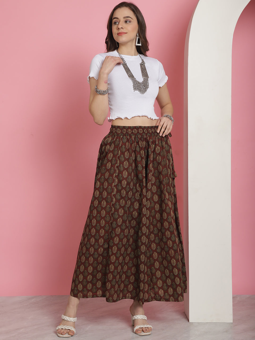 Red Printed Cotton Flared Kali Palazzo