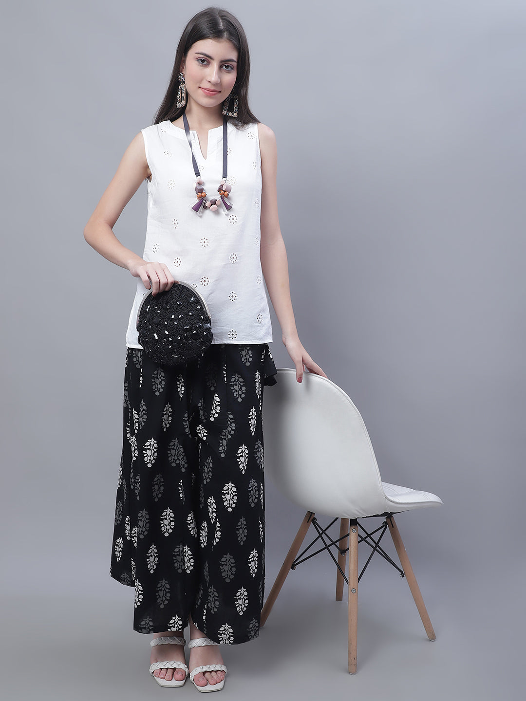 Black Block Cotton Print Flared Palazzo