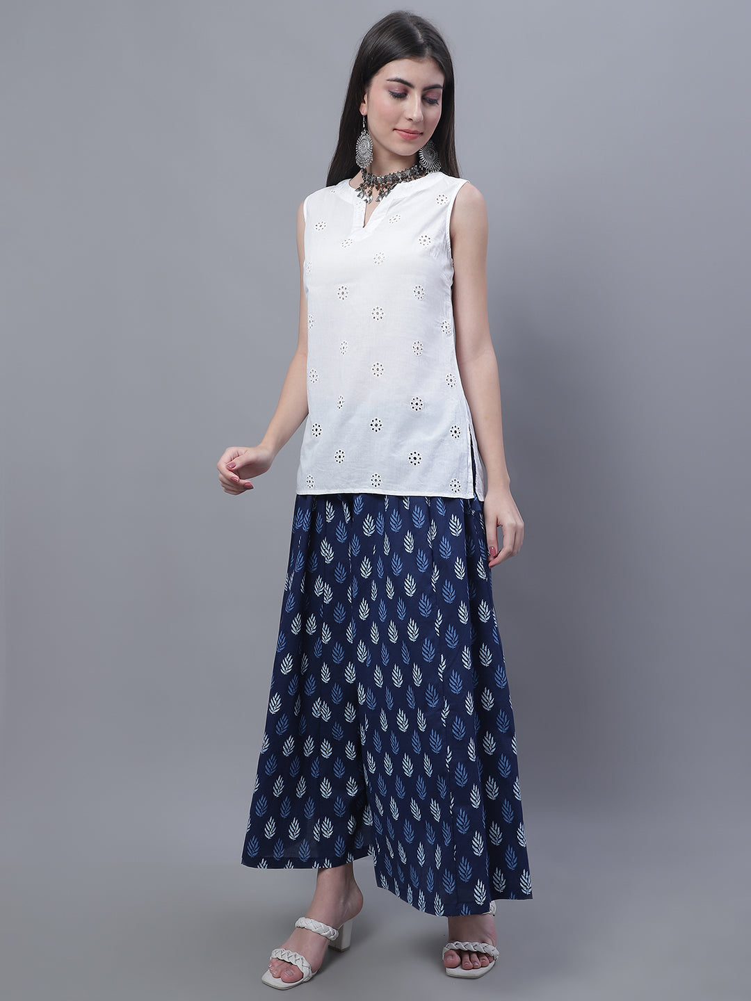 Indigo Blue Leaf Cotton Print Flared Palazzo