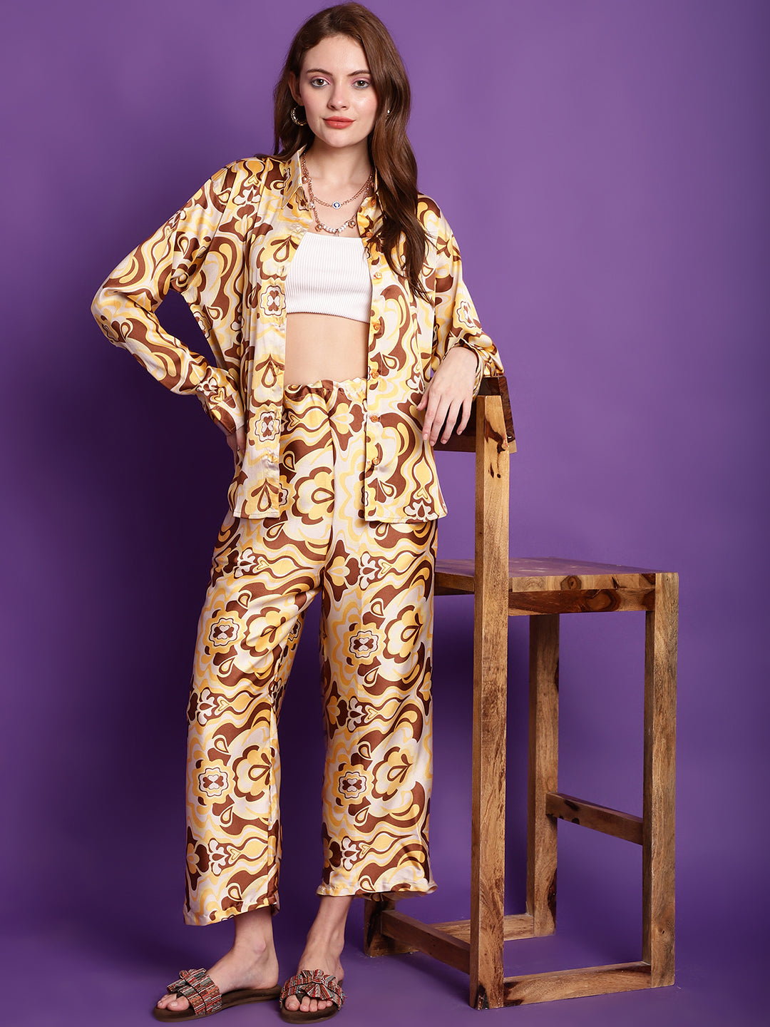 Yellow Swirl Satin Co-Ord Set