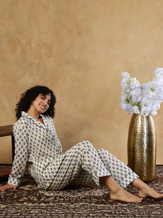 Indigo Rosette Booti Collar Night Suit