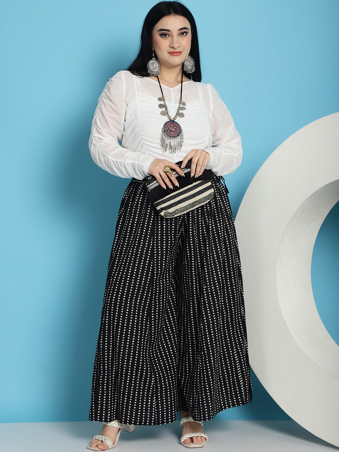 Black Printed Cotton Flared Kali Palazzo