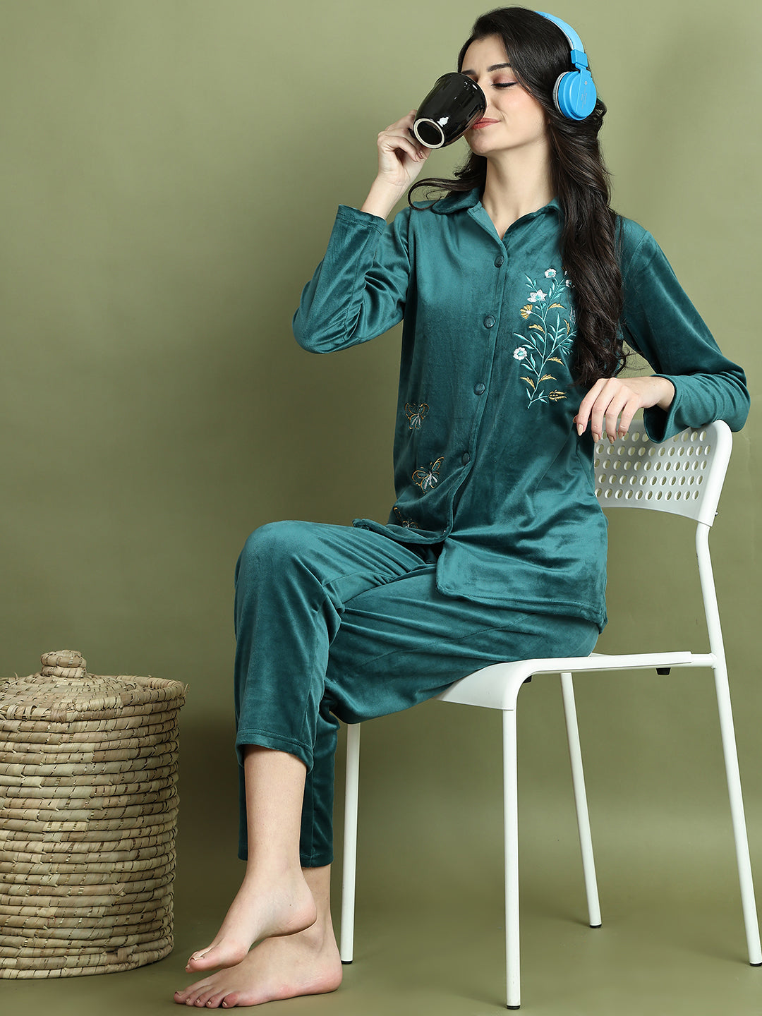 Bottle Green Embroidery Velvet Lounge Set