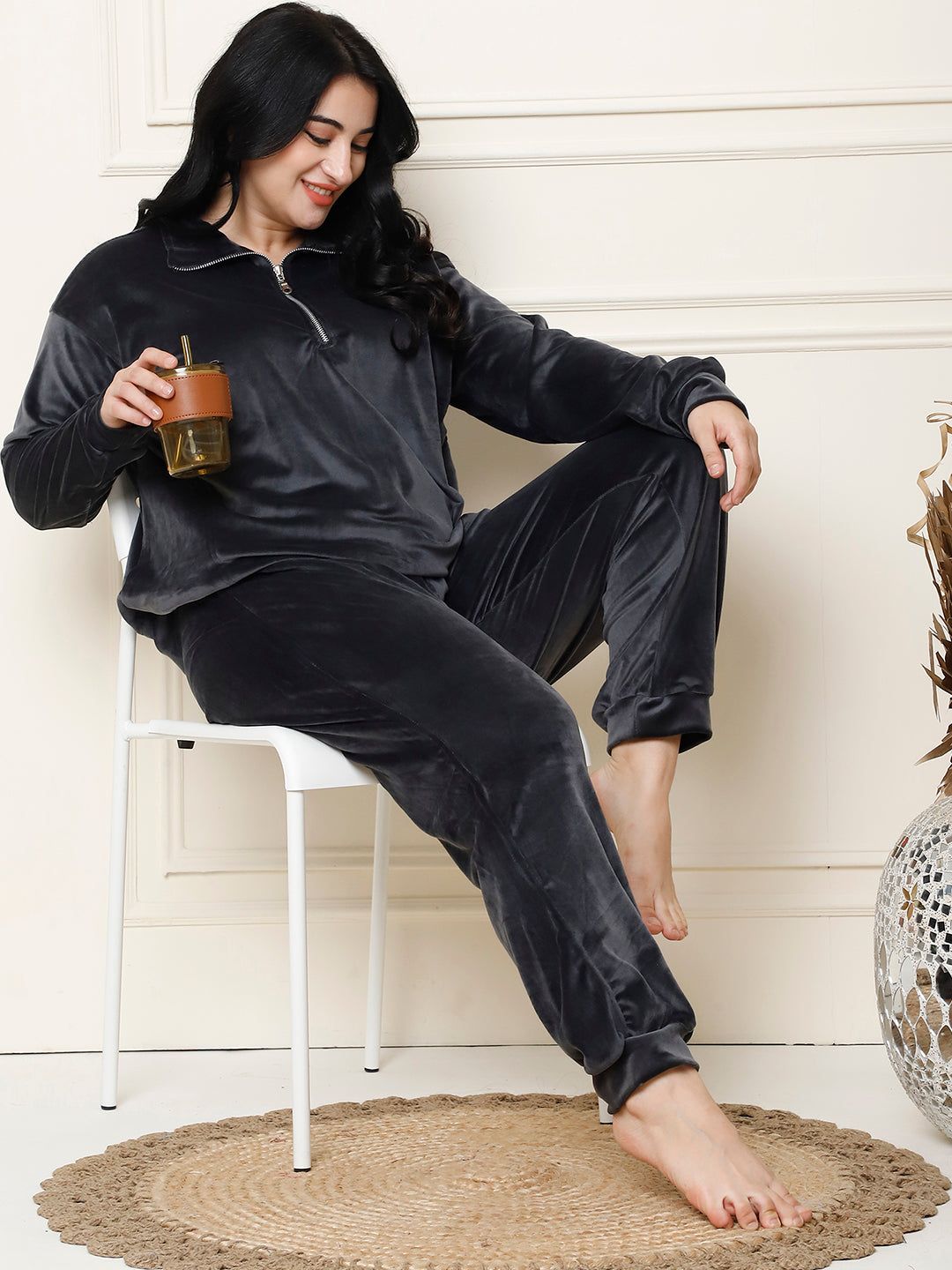 Dark Grey Velvet Zip Lounge Set