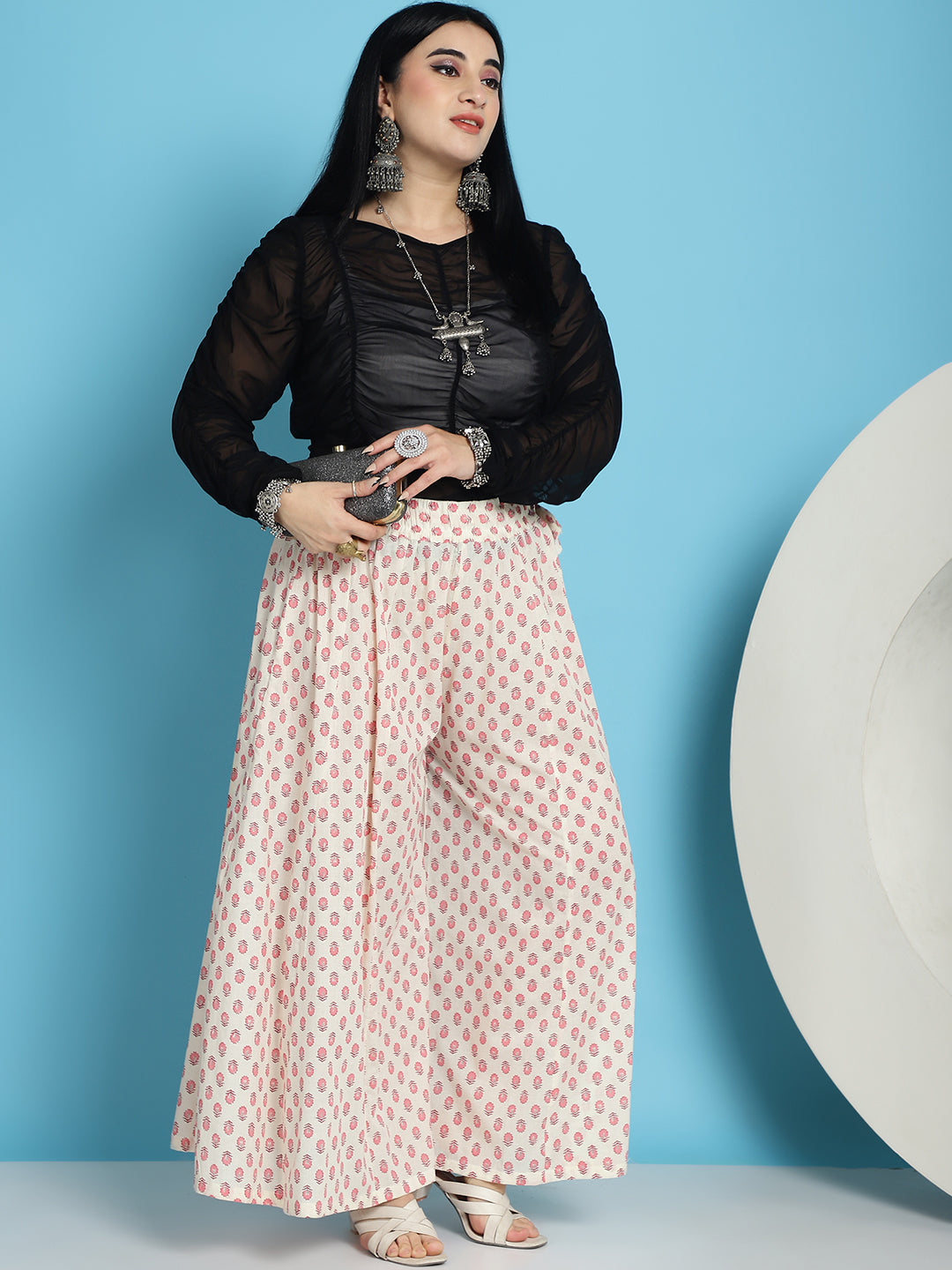 White Cotton Floral Print Flared Kali Palazzo