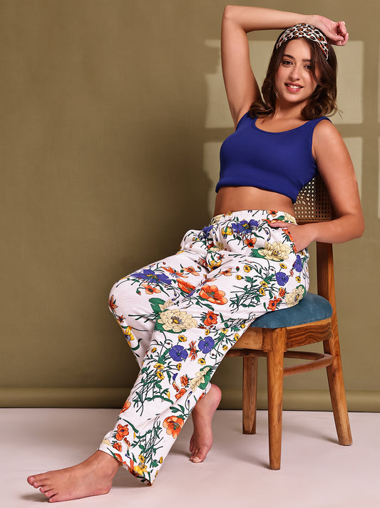 White flower Cotton Hosiery Lounge Pant