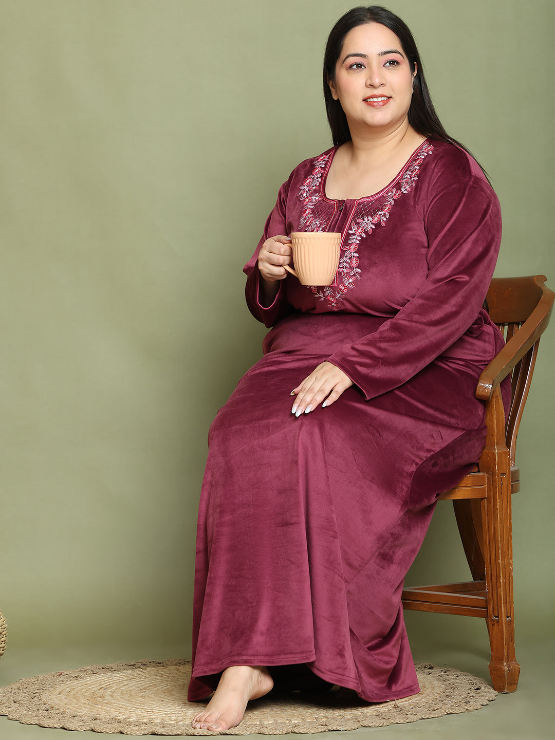 Wine Embroidery Velvet Night Dress