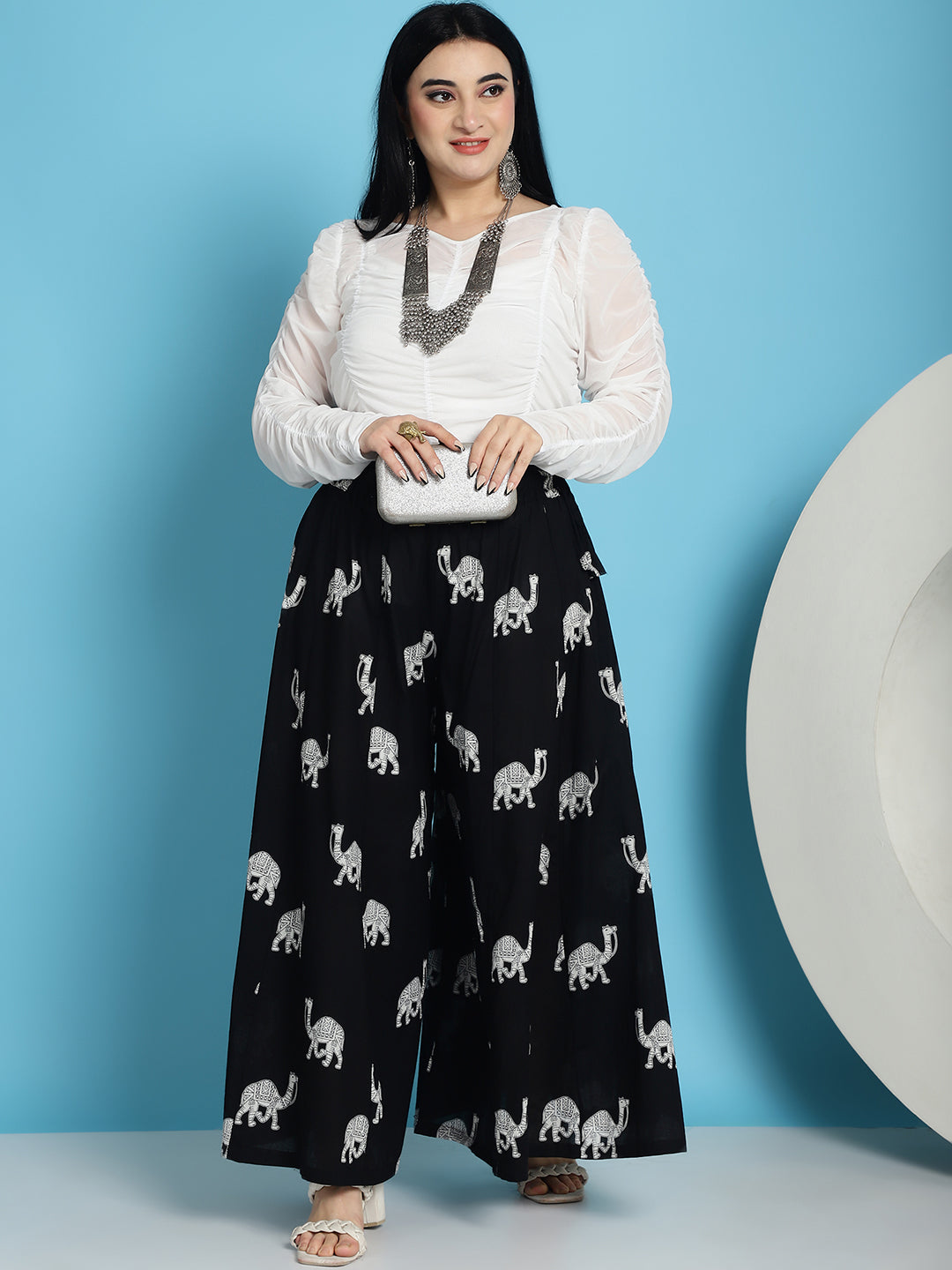 Black Camel Print Cotton Flared Kali Palazzo