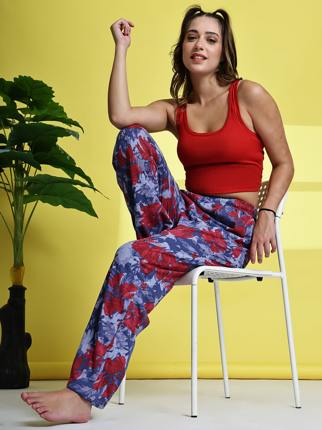 Grey Red Flower Cotton Hosiery Lounge Pant