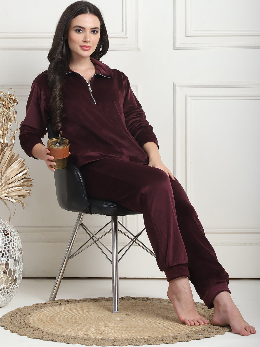 Wine Velvet Zip Lounge Set