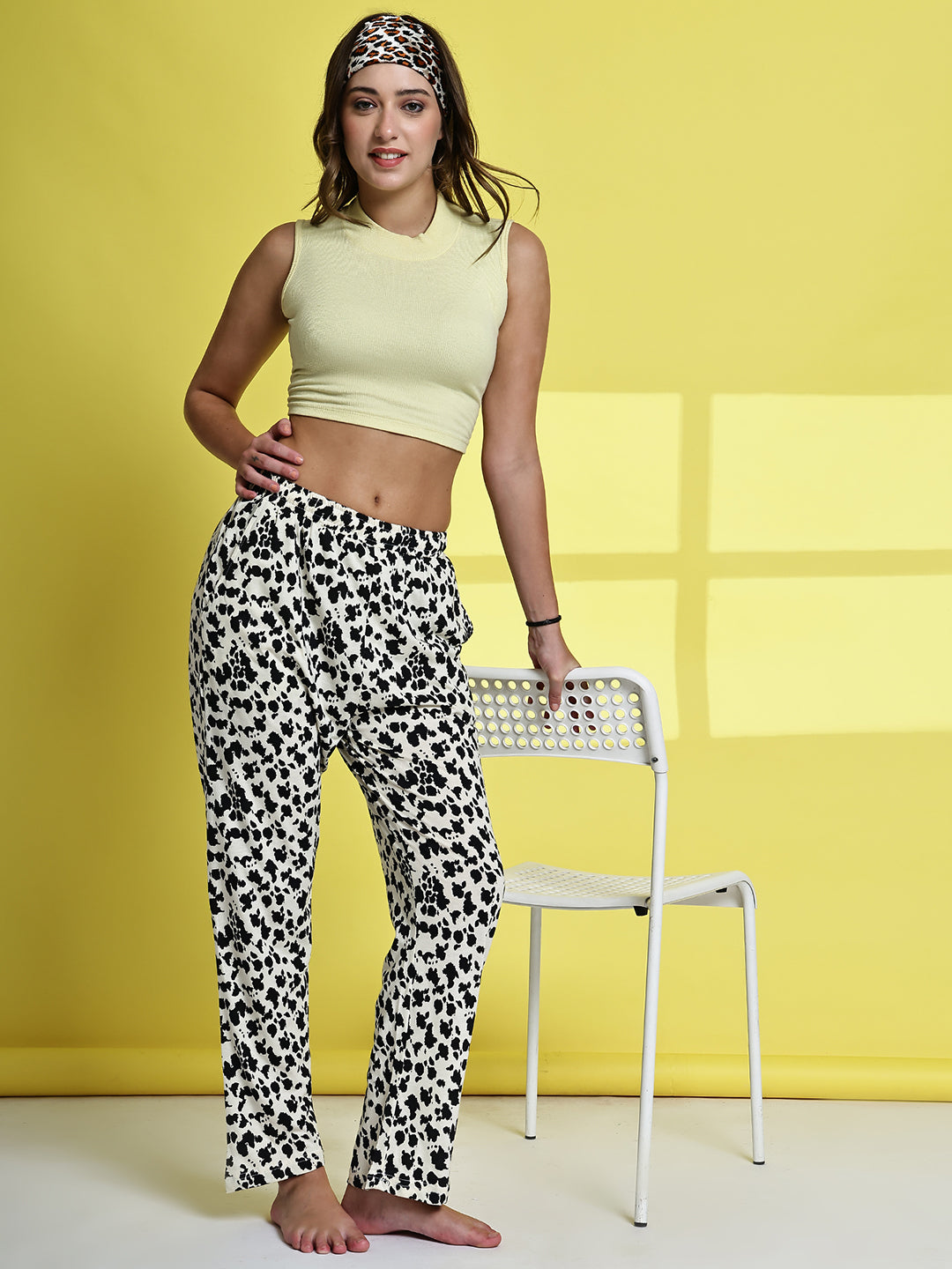 Black White Leopard Cotton Hosiery Lounge Pant