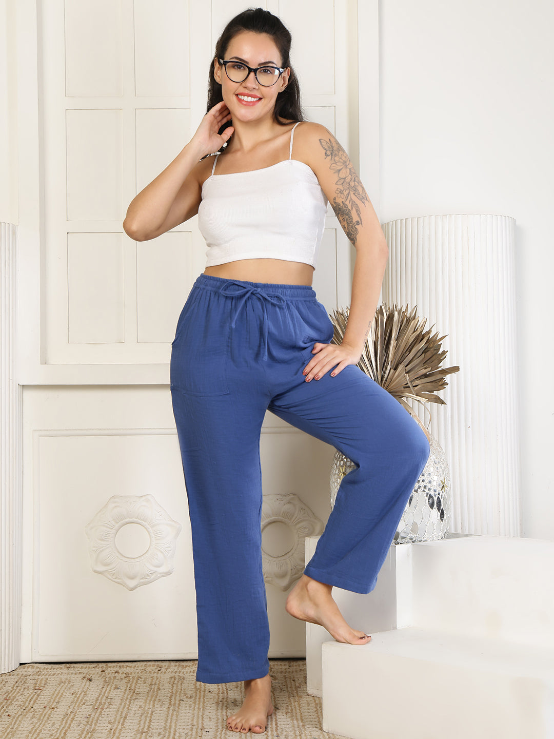 Blue Double Cloth Cotton Lounge Pant