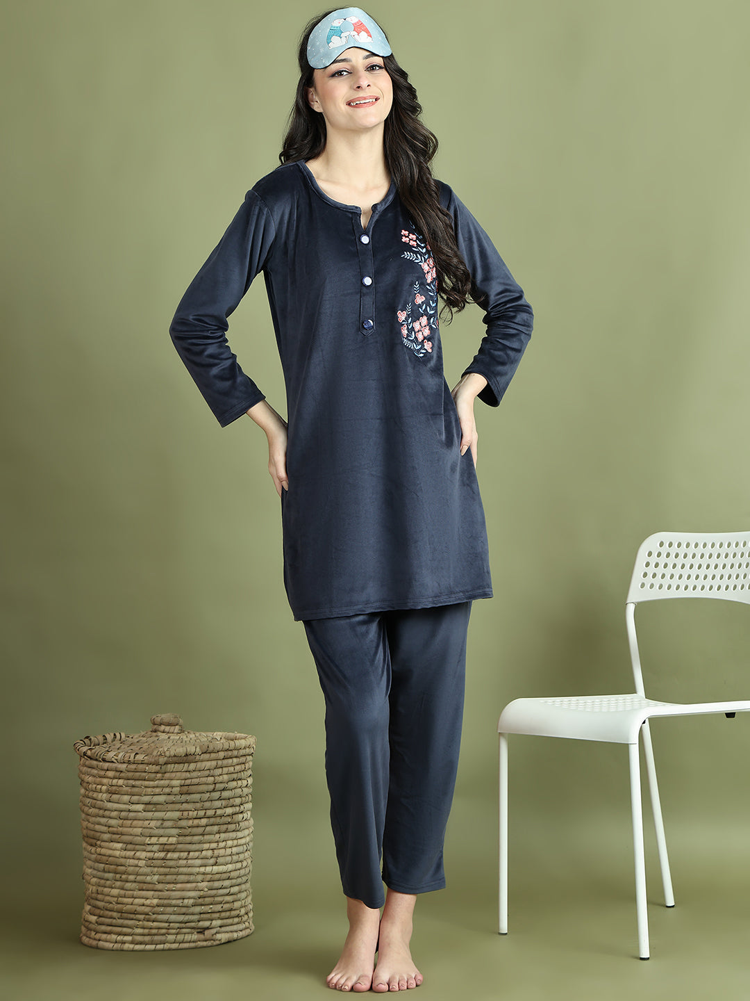 Navy Blue Embroidery Velvet Lounge Set