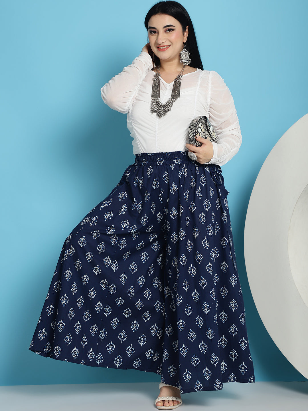 Indigo Motif Cotton Kali Plus Palazzo