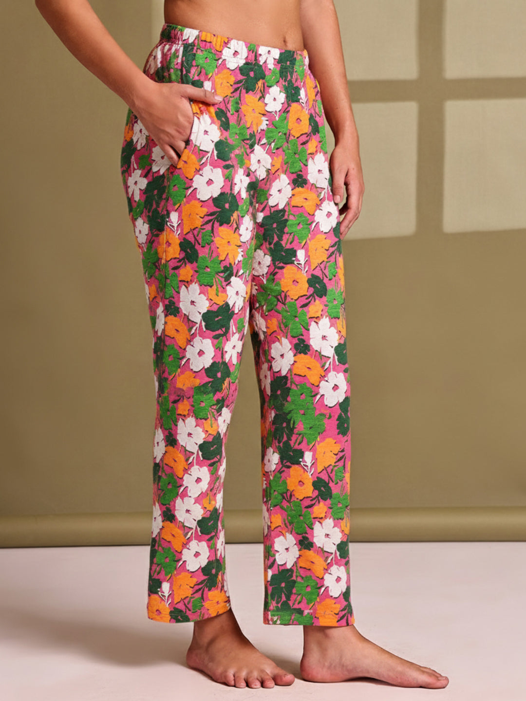 Pink Multi Flower Cotton Hosiery Lounge Pant