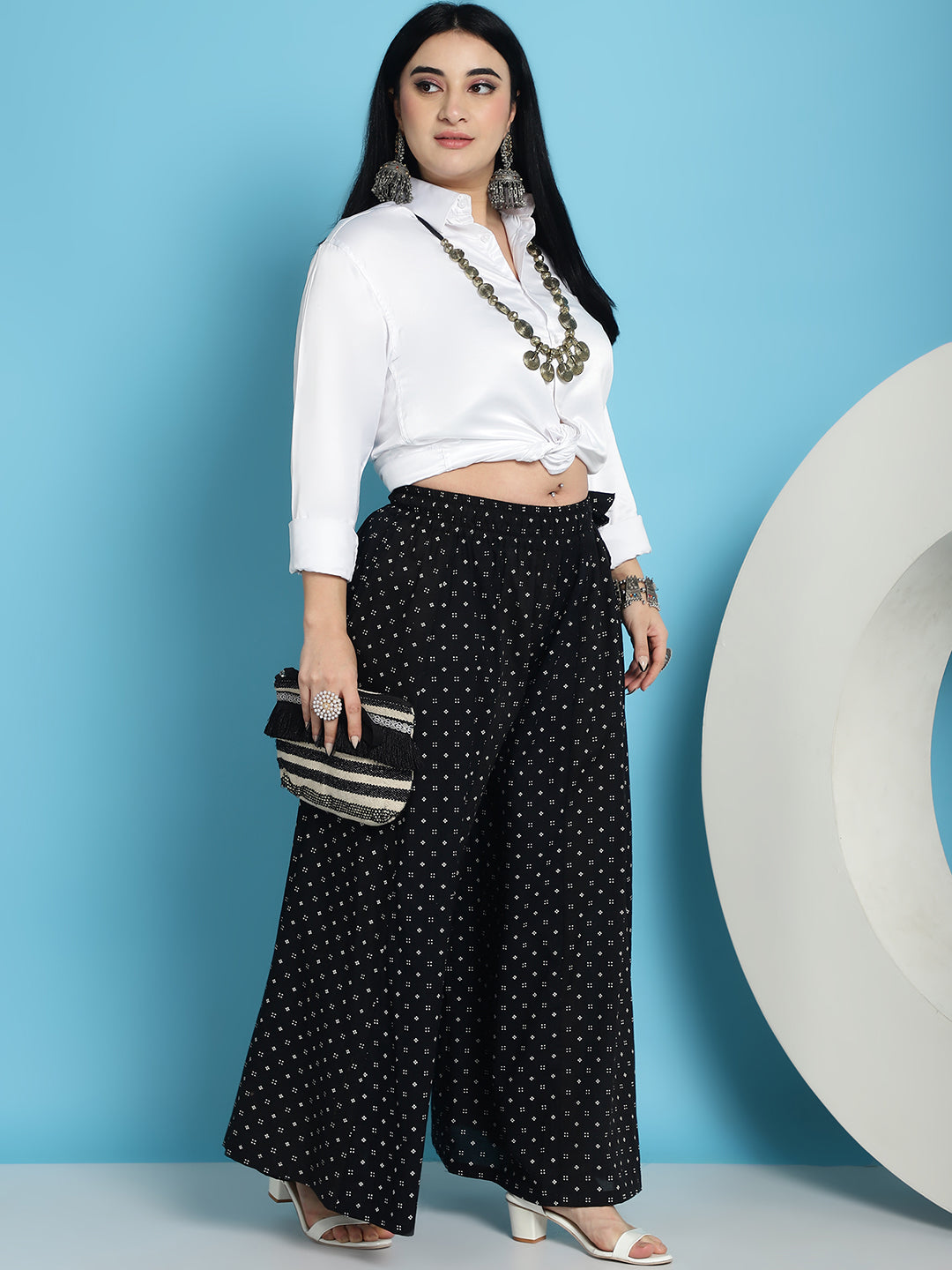 Black Printed Cotton Flared Kali Palazzo