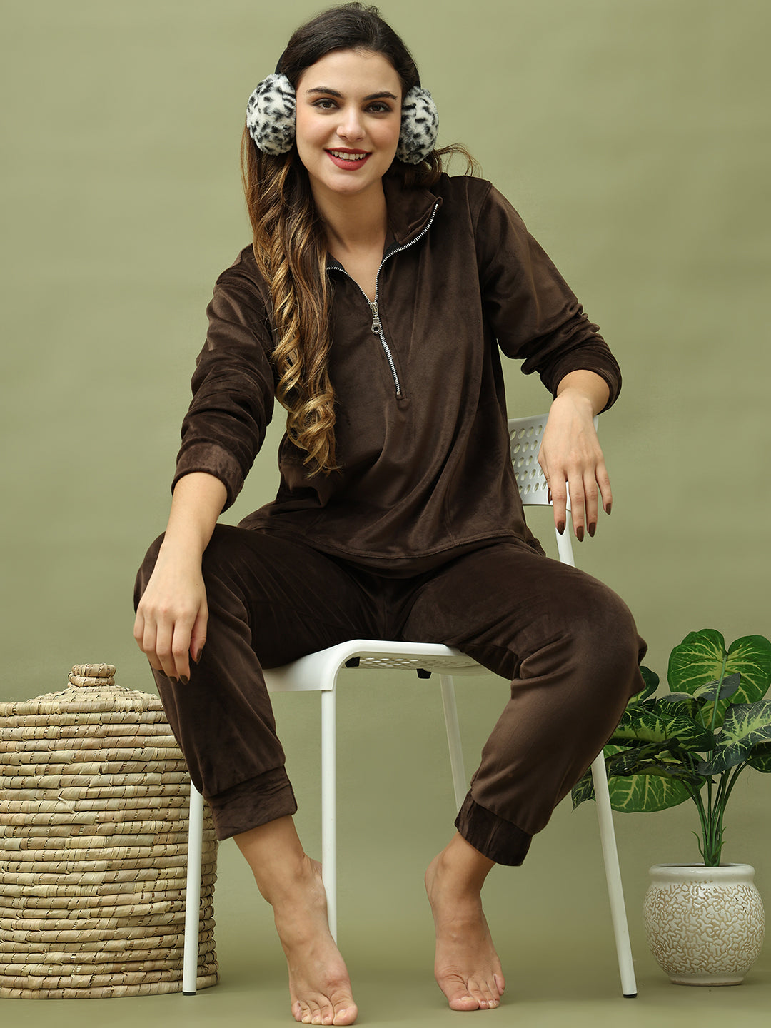 Brown Velvet Zip Lounge Set