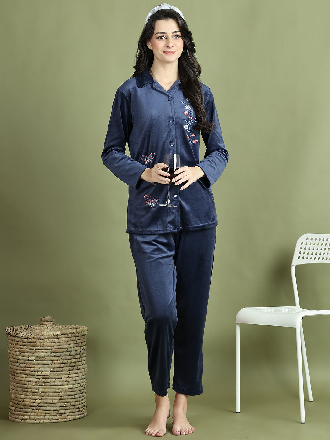 Navy Blue Embroidery Velvet Lounge Set