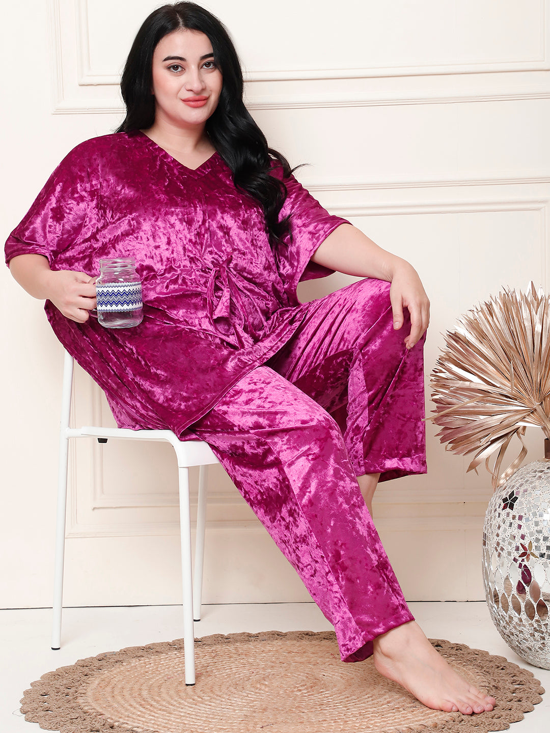 Metallic Pink Ice Velvet Kaftan Lounge Set