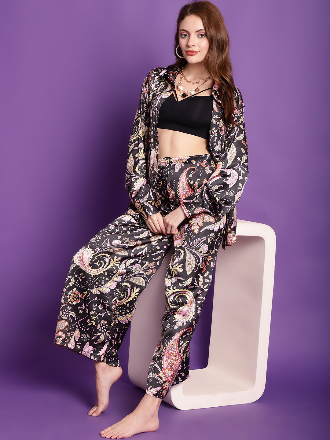 Black Paisley Satin Co-Ord Set