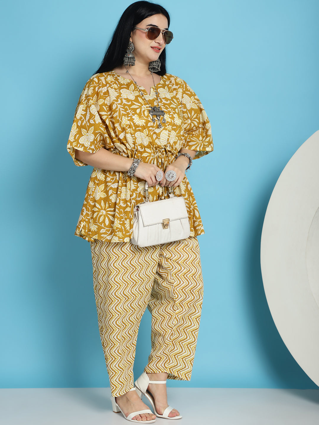 Plus Size Mustard Printed Cotton Kaftan And Pant Set