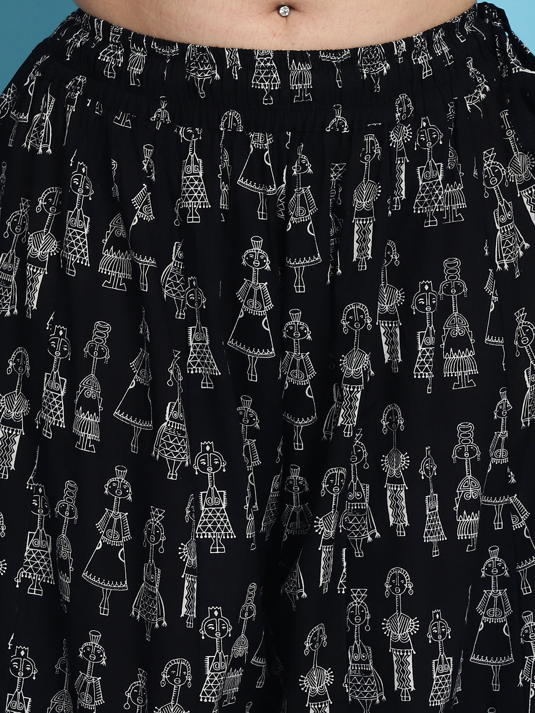 Black Warli Print Cotton Flared Kali Palazzo