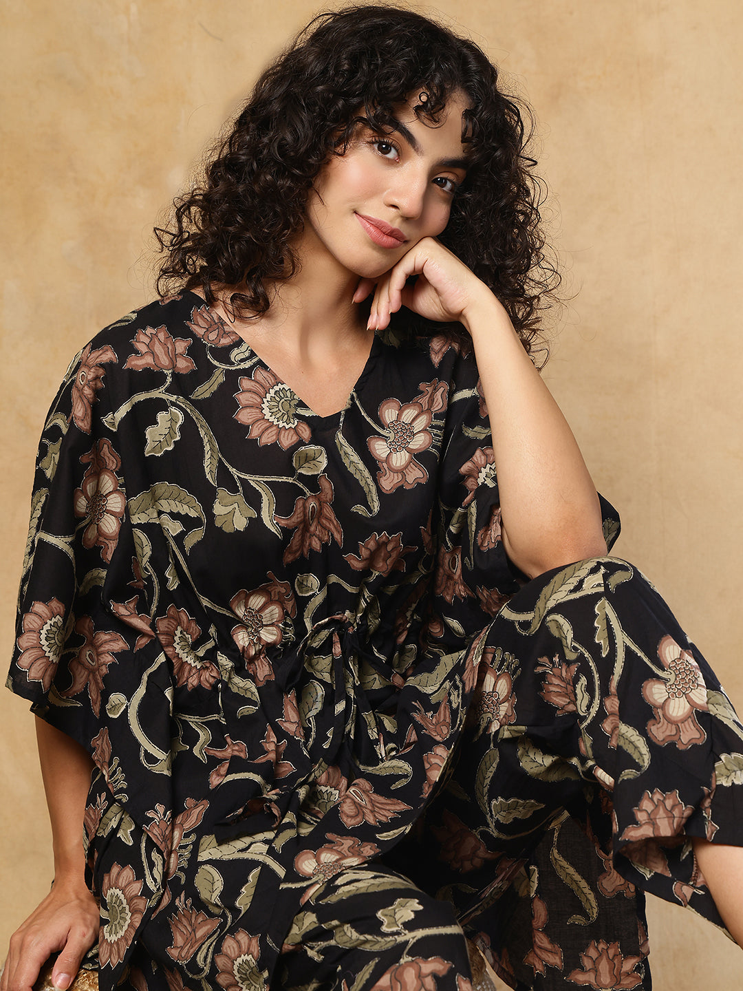 Midnight Blossom Cotton Kaftan Set