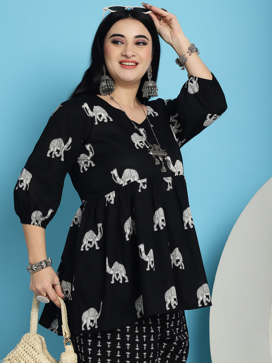 Plus Size Black Camel Print Cotton Peplum With Pant Set