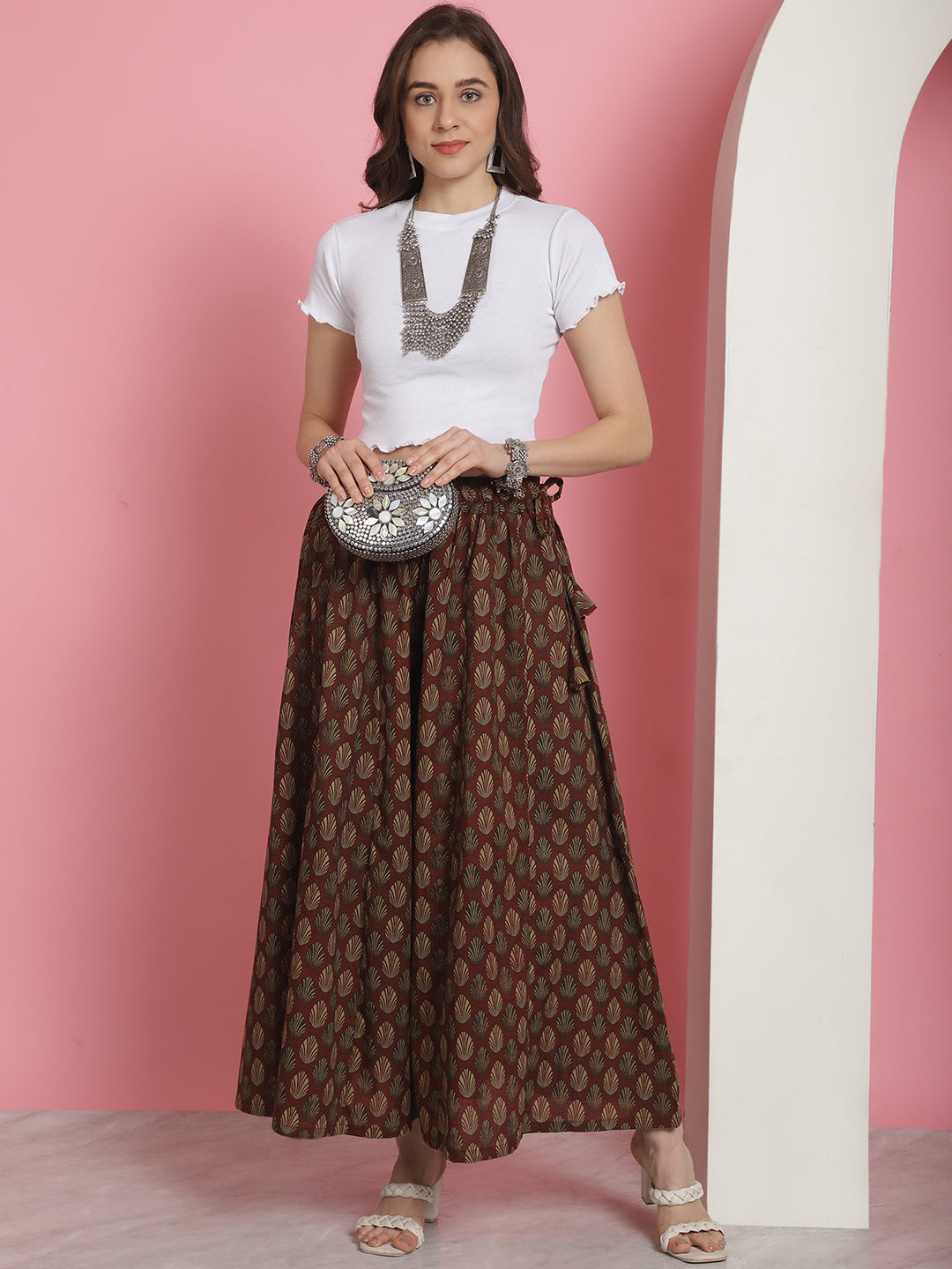 Red Printed Cotton Flared Kali Palazzo