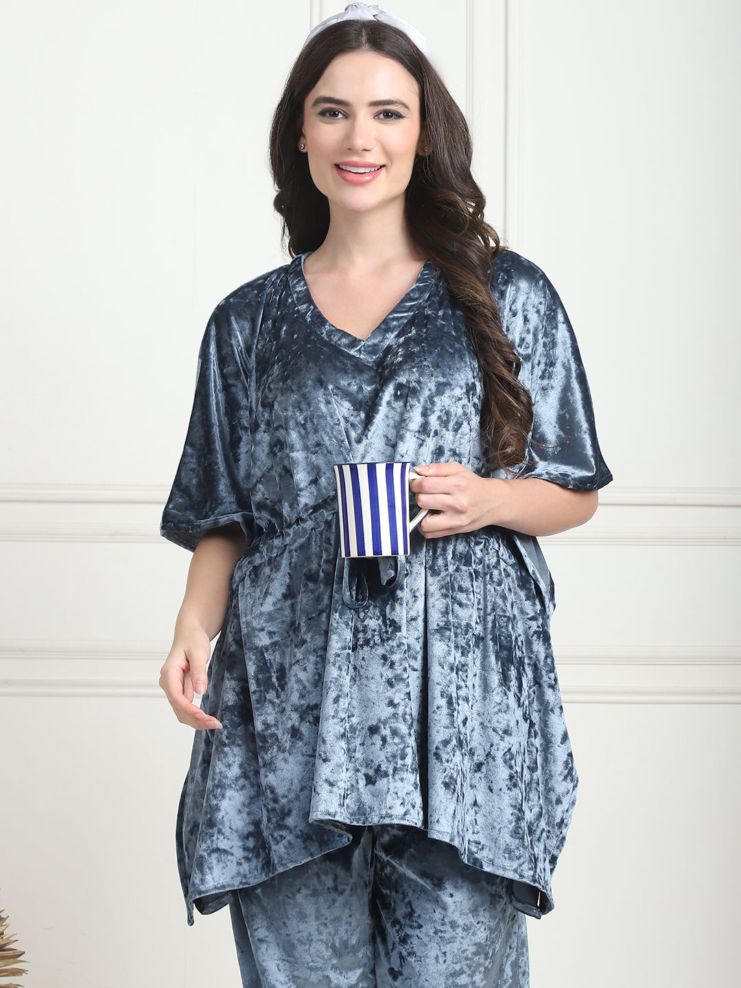 Metallic Blue Ice Velvet Kaftan Lounge Set