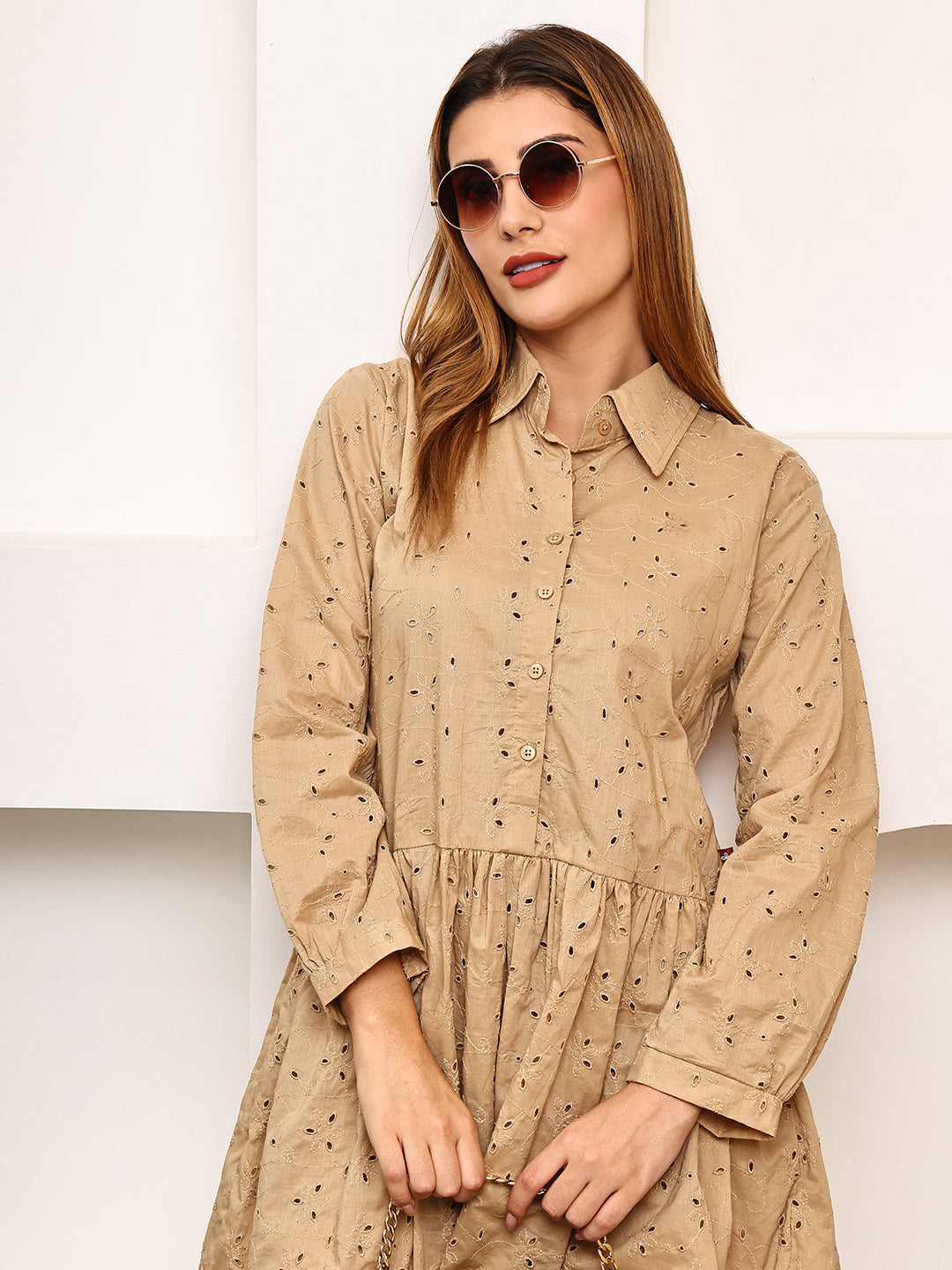 Coffee Mocha Cutwork Cotton Shirt Dress