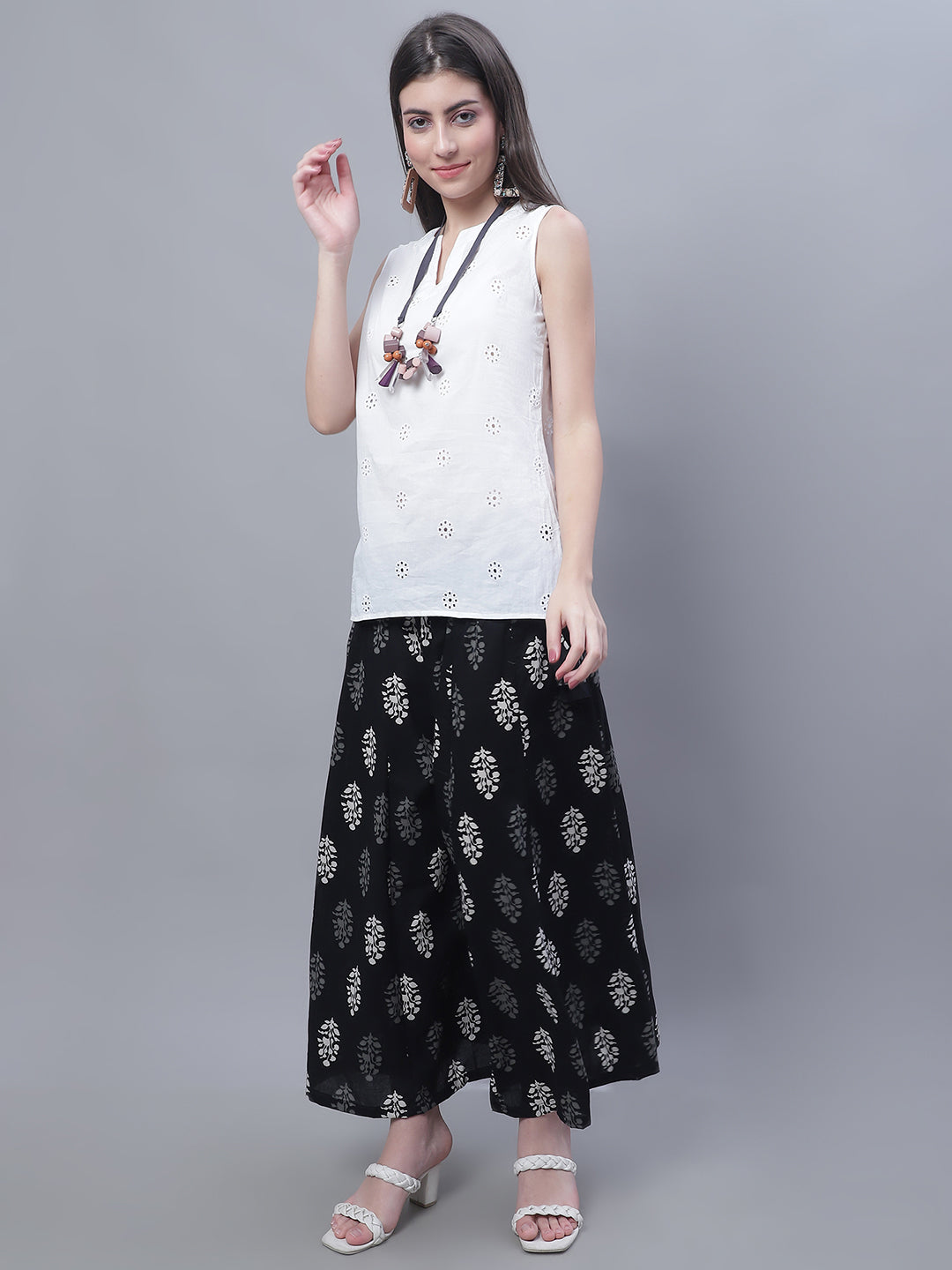 Black Block Cotton Print Flared Palazzo