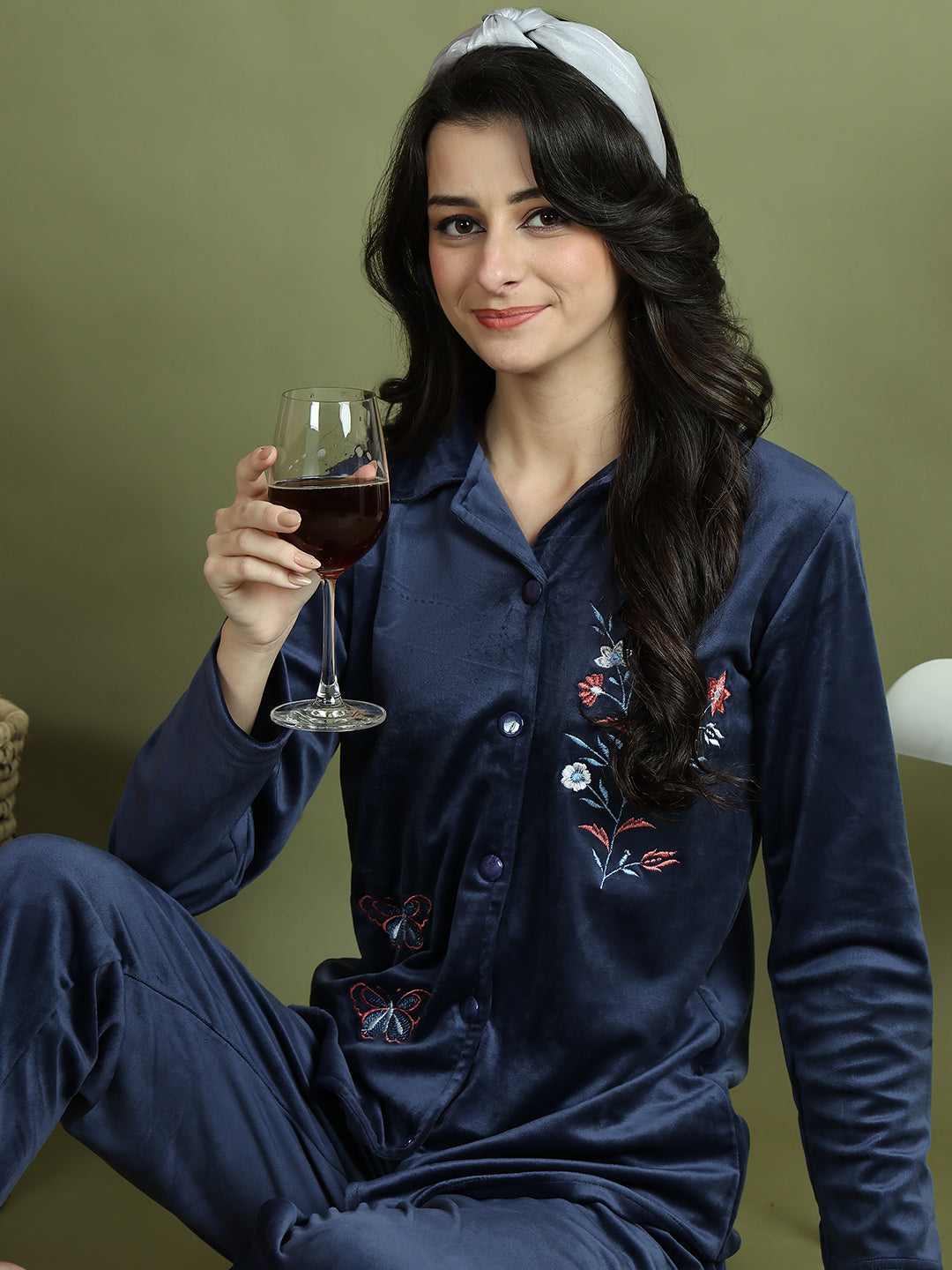 Navy Blue Embroidery Velvet Lounge Set