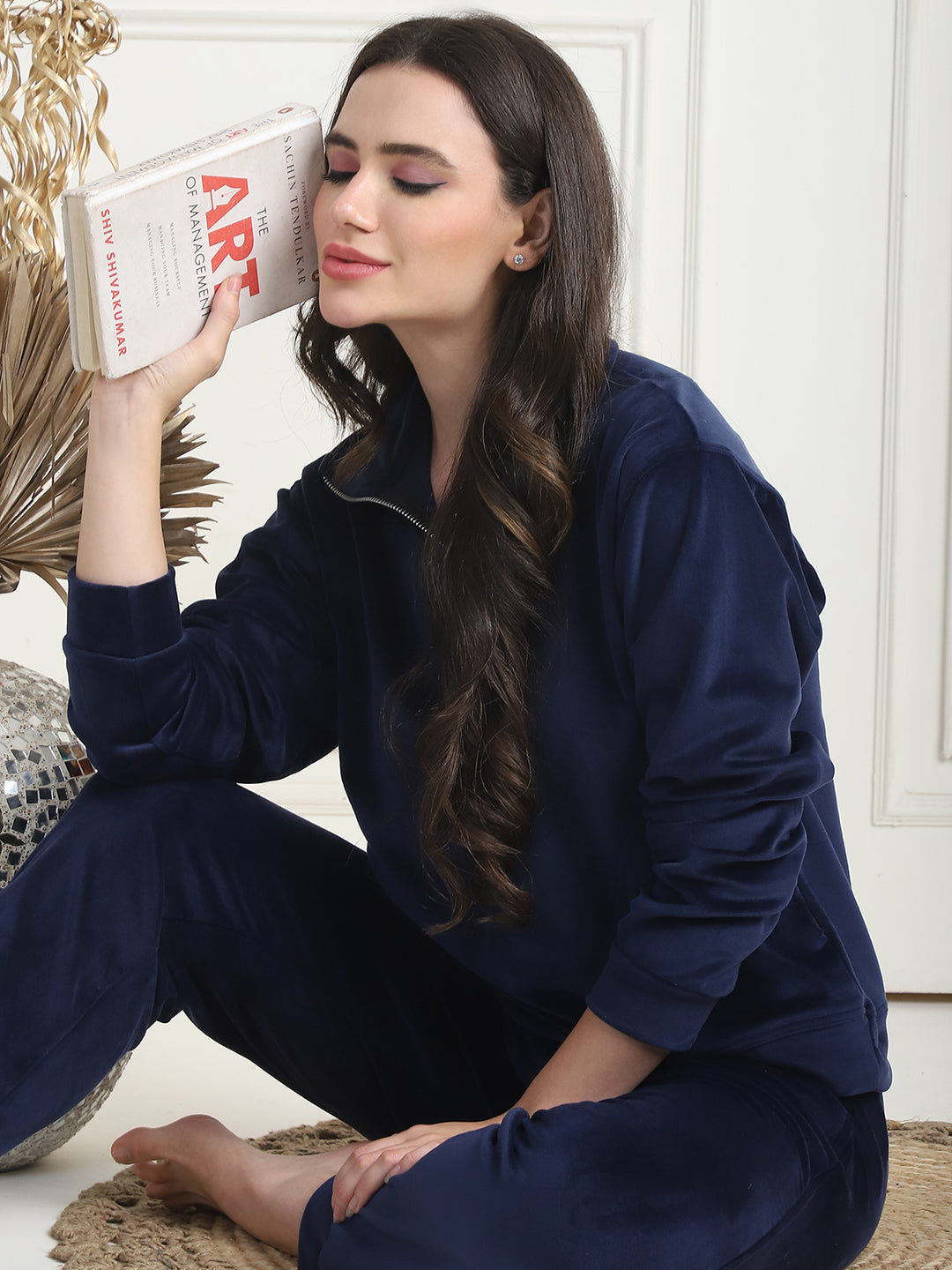 Navy Blue Velvet Zip Lounge Set
