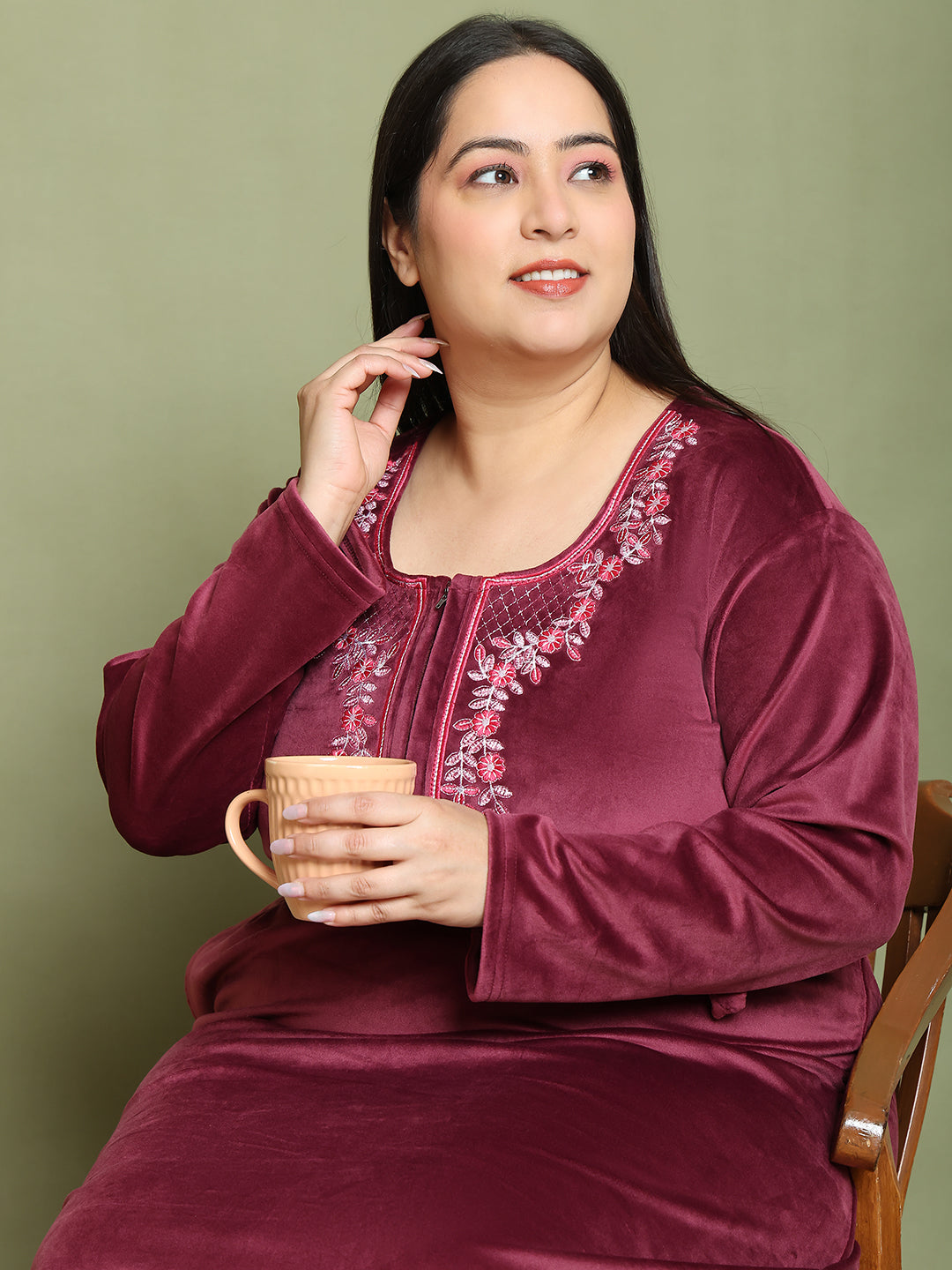 Wine Embroidery Velvet Night Dress