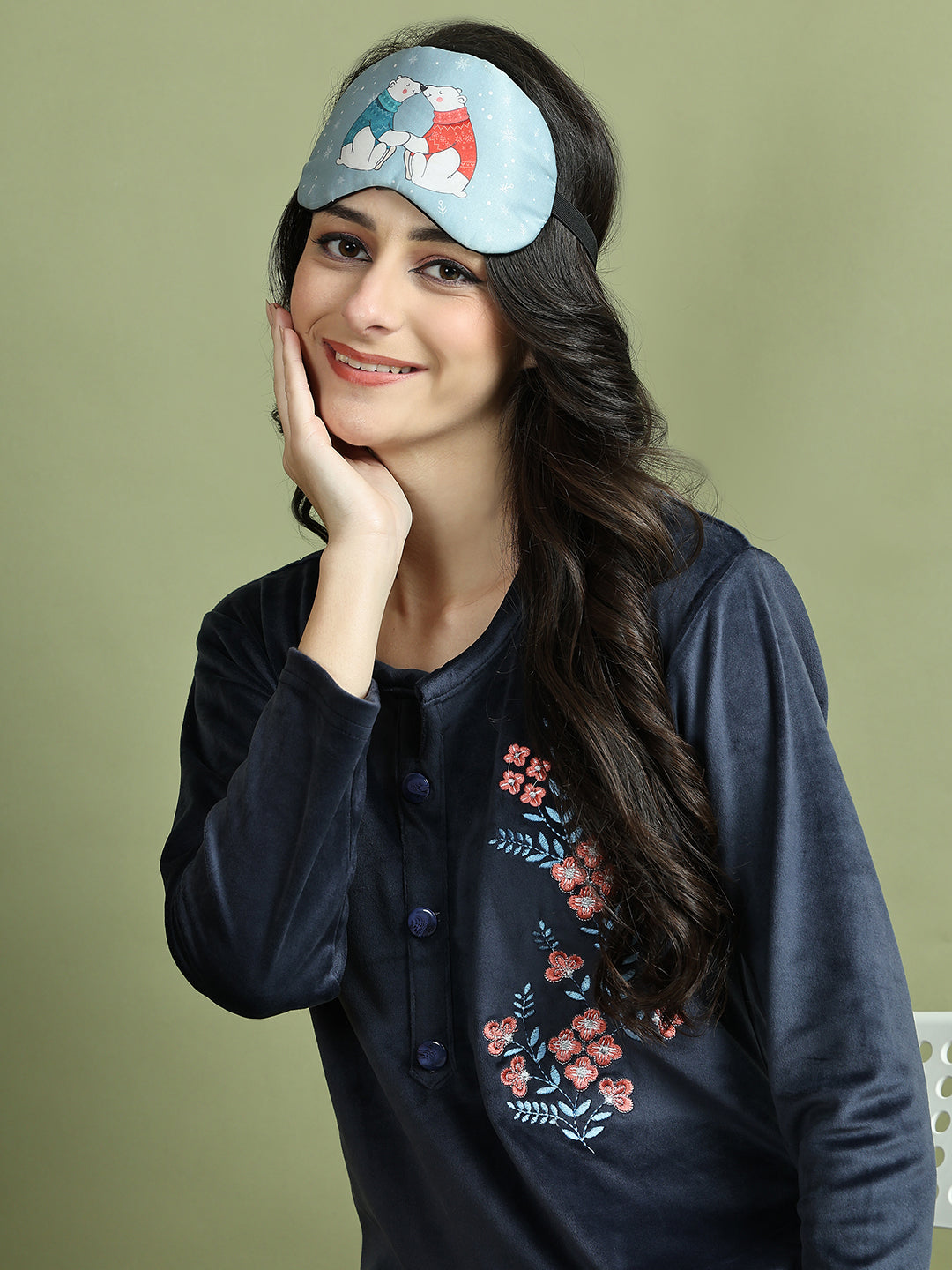 Navy Blue Embroidery Velvet Lounge Set