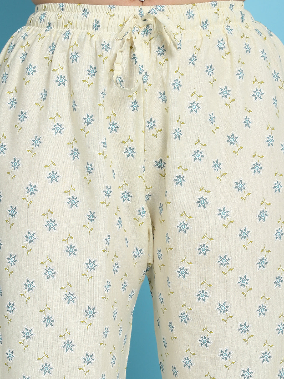White Blue Booti Cotton Flax Crotchet Lace Palazzo