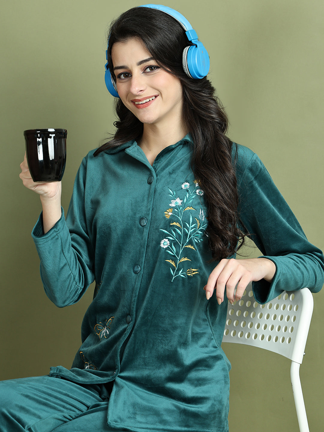 Bottle Green Embroidery Velvet Lounge Set