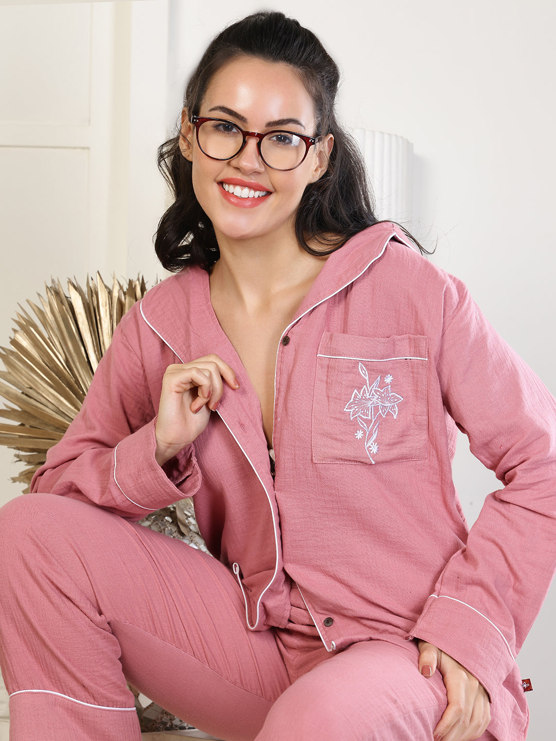 Ziva Tulip Embroidery Collar Night Suit
