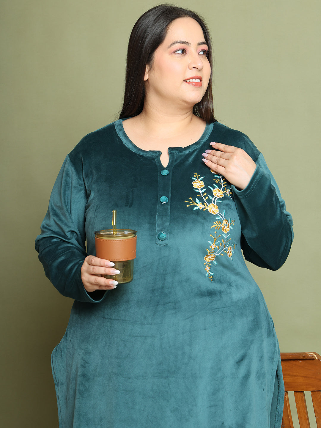 Bottle Green Embroidery Velvet Lounge Set
