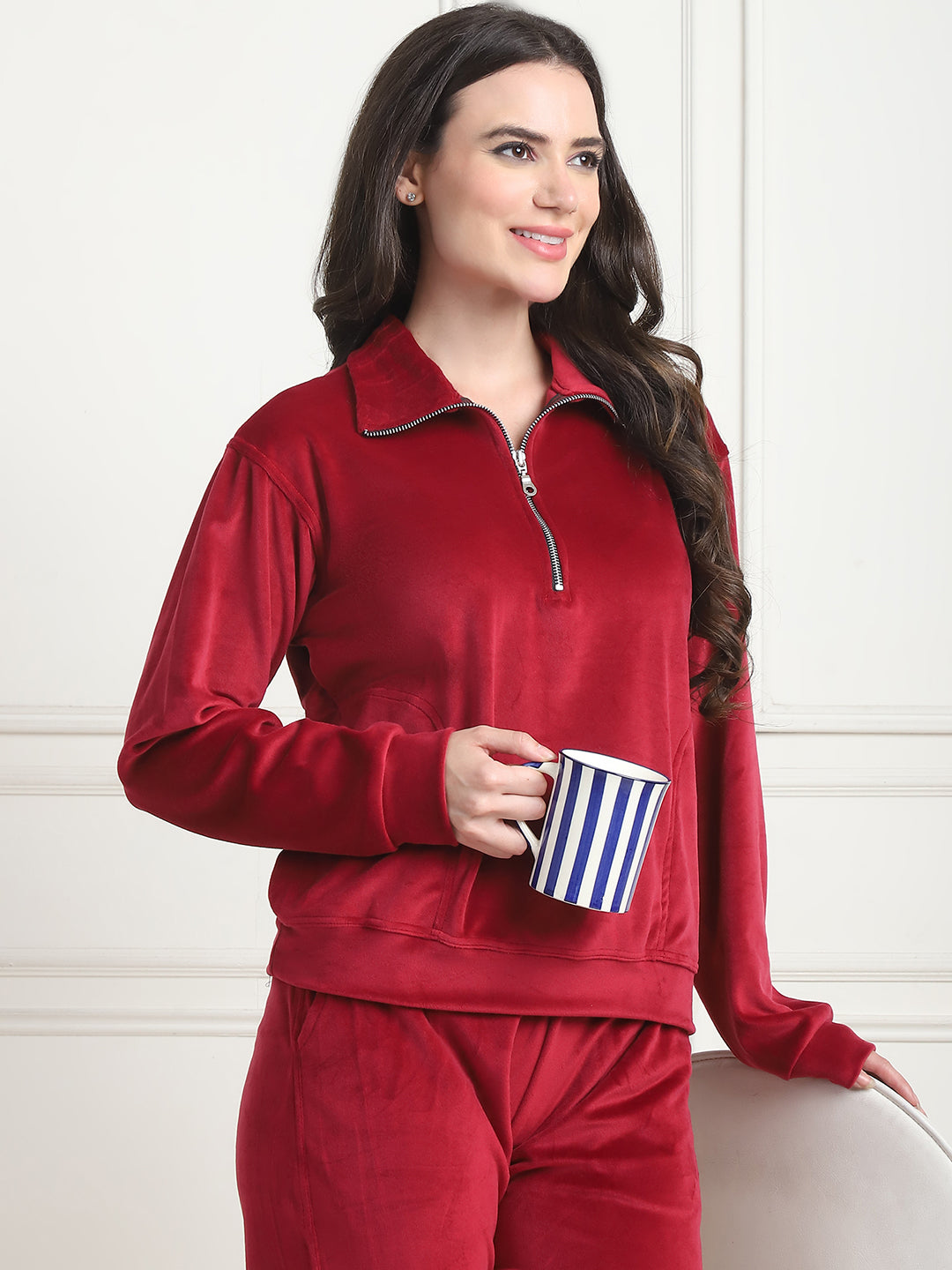Maroon Velvet Zip Lounge Set