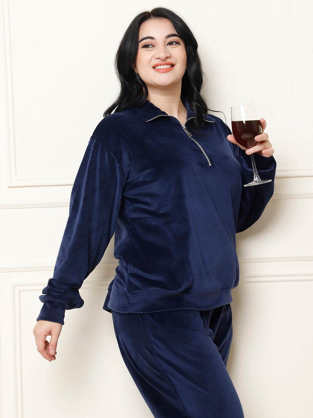 Navy Blue Velvet Zip Lounge Set