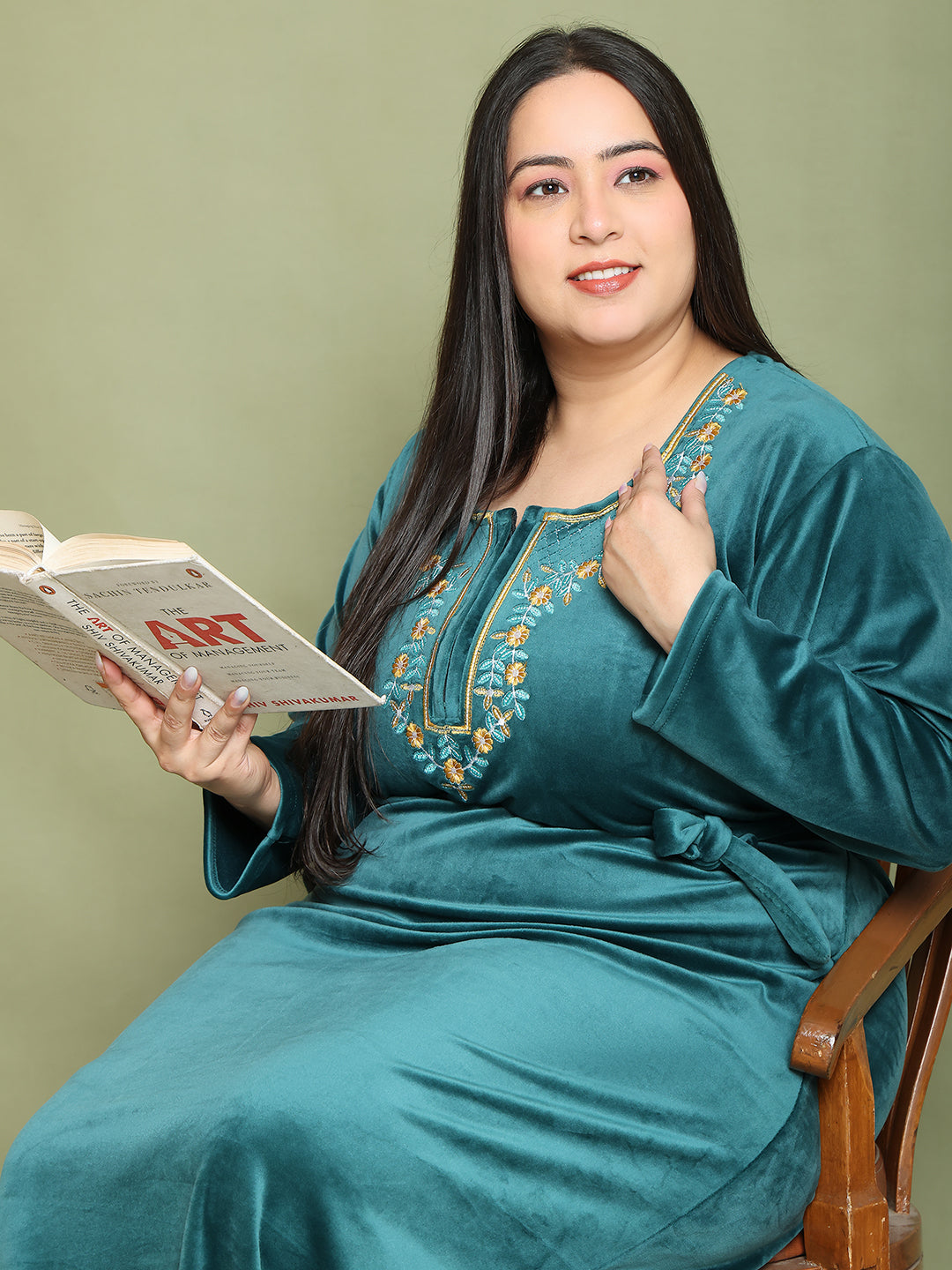 Bottle Green Embroidery Velvet Night Dress