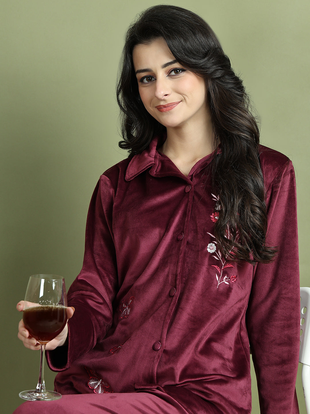 Wine Embroidery Velvet Lounge Set