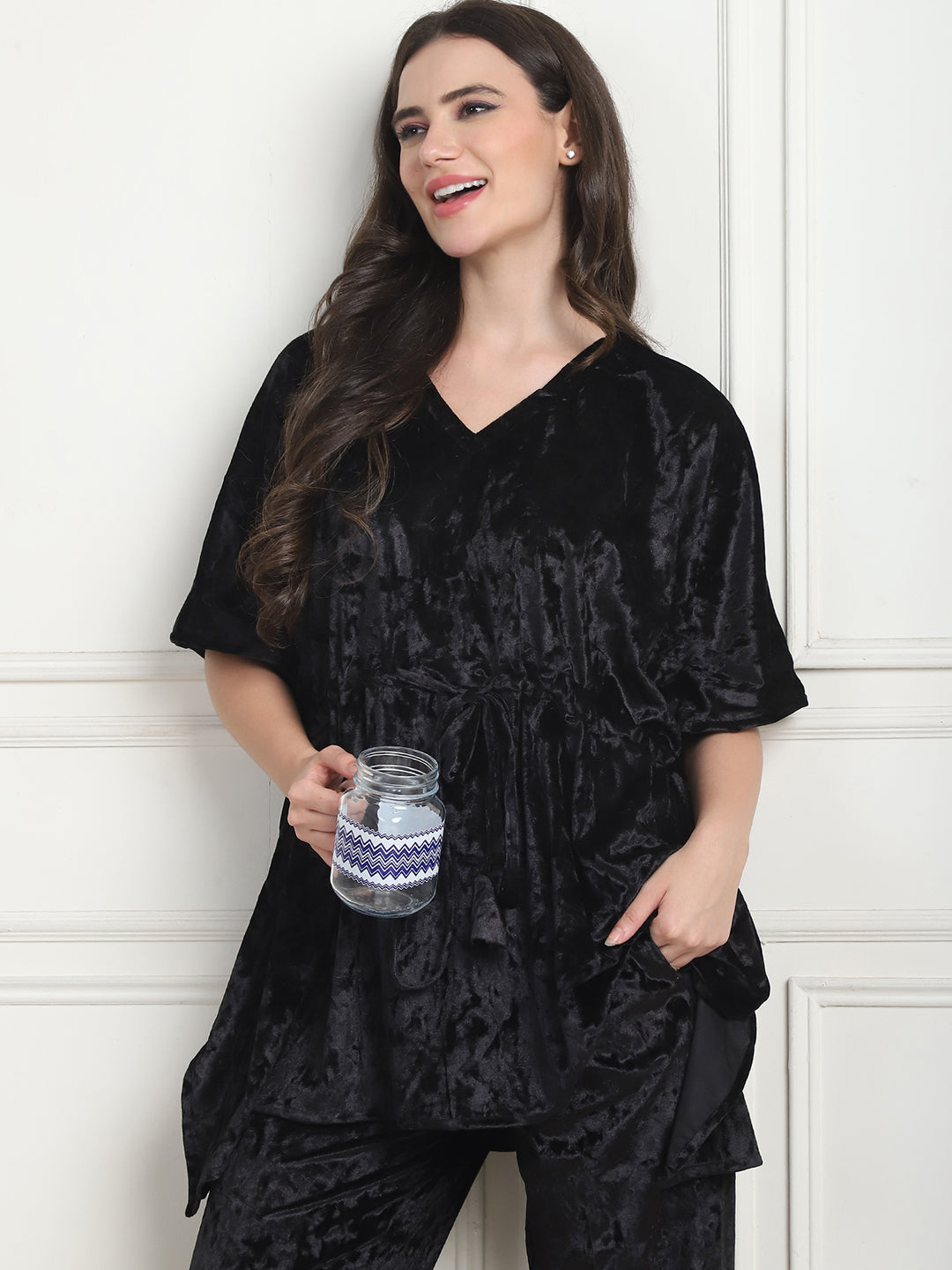 Metallic Black Ice Velvet Kaftan Lounge Set