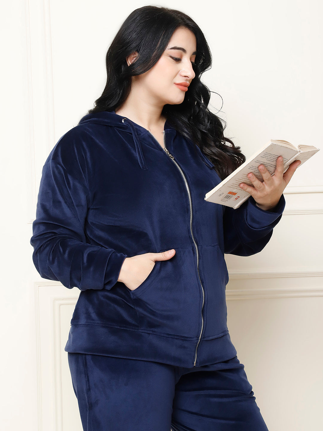 Navy Blue Velvet Hoodie Lounge Set