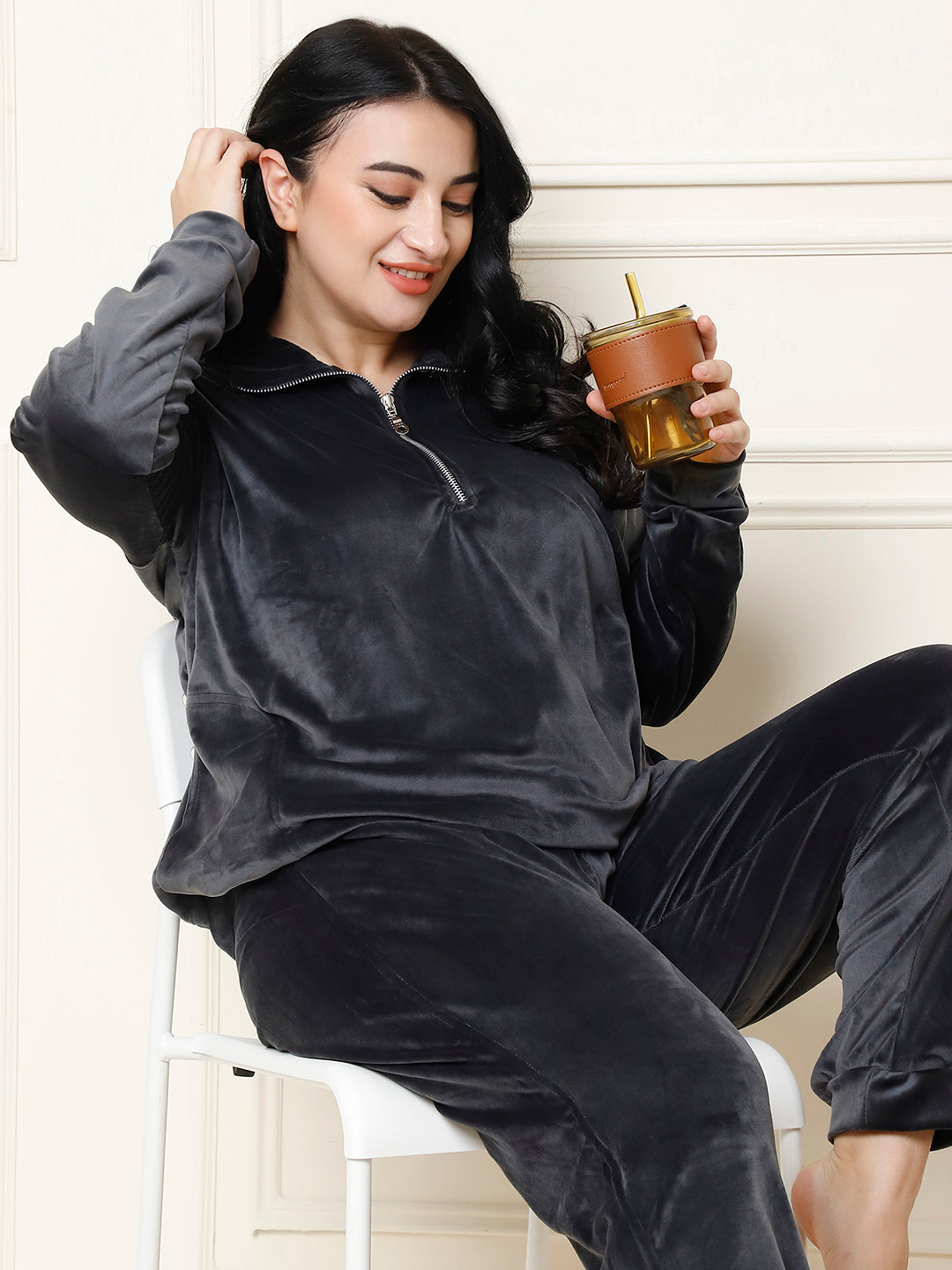 Dark Grey Velvet Zip Lounge Set